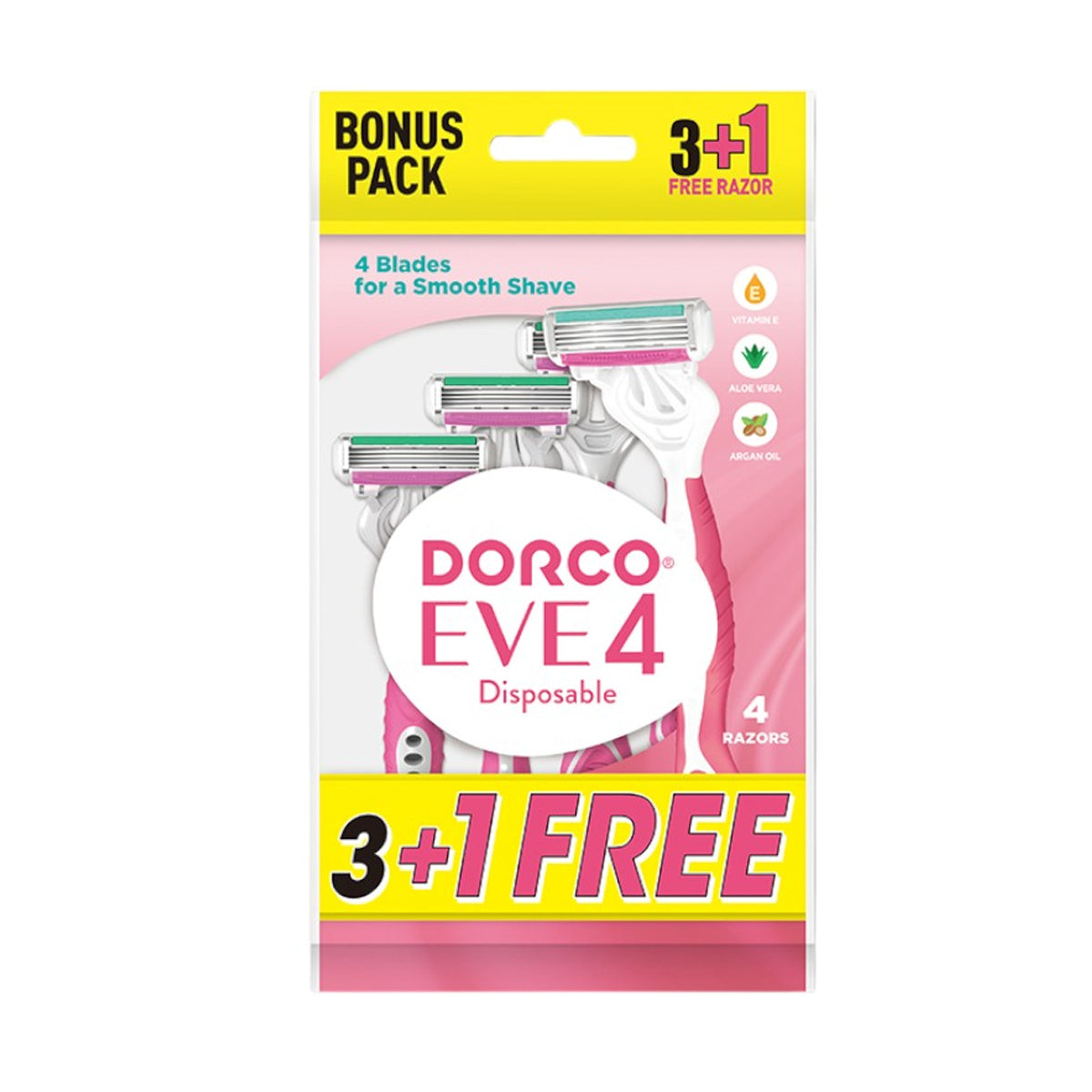 Dorco Eve 4 Disposable Razor for Women, 4 Blades Pivoting Head, 3+1 Rubber Handles in a Pouch